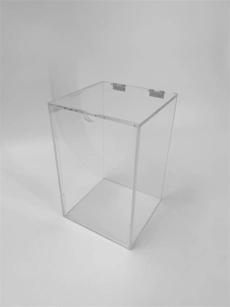 Custom Clear Acrylic Retail Display Case W Advert Slot and Small Metal Hinged