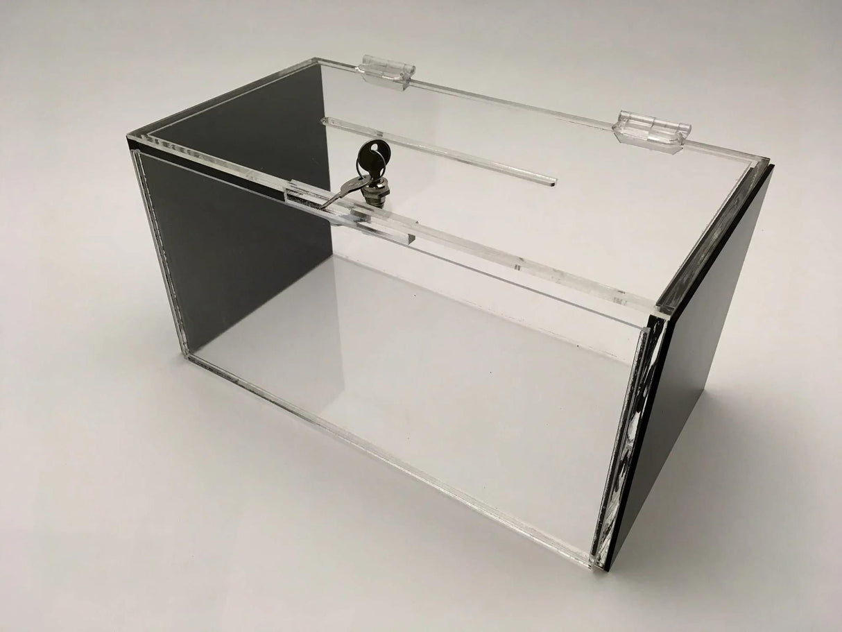 Large Acrylic Donation & Ballot Box With Lock- Clear & Black & Sign Holder