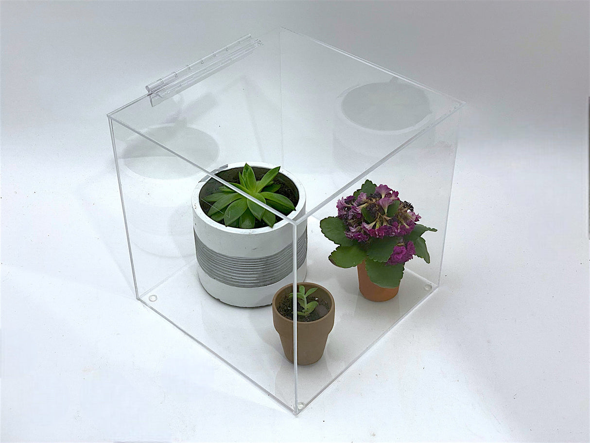 12" x 12" x 12" Clear Acrylic 5-Sided Box w/ Hinged Lid