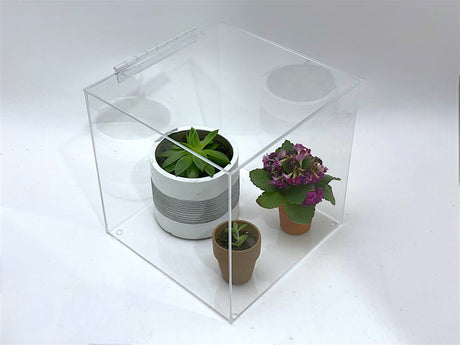 16" x 16" x 16" Clear Acrylic 5-Sided Box w/ Hinged Lid