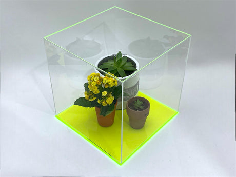 10" x 10" x 10" Clear Acrylic Display Case W/ Fluorescent Green Acrylic Base