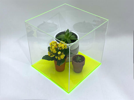 6" x 9" x 9" Clear Acrylic Display Case W/ Fluorescent Green Acrylic Base