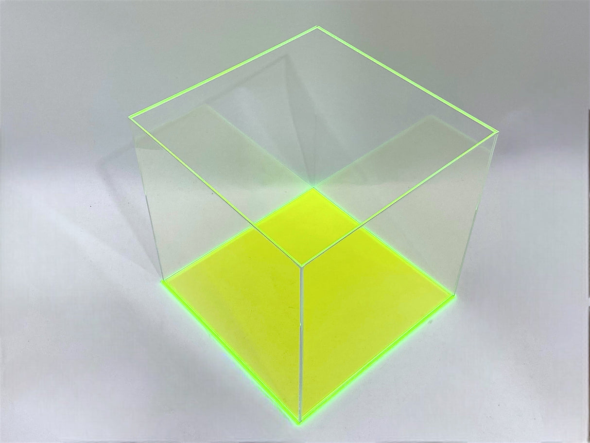 10" x 10" x 10" Clear Acrylic Display Case W/ Fluorescent Green Acrylic Base