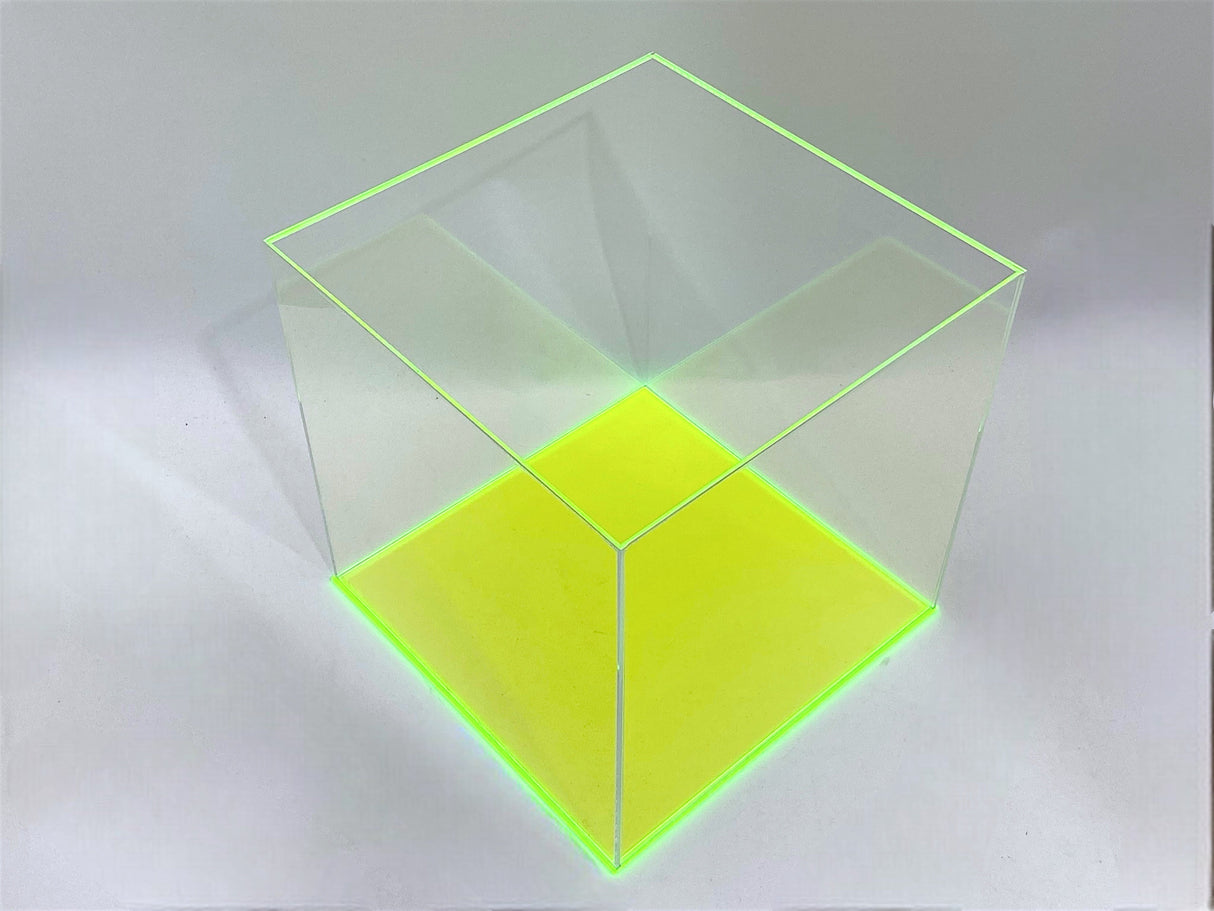 6" x 6" x 6" Clear Acrylic Display Case W/ Fluorescent Green Acrylic Base