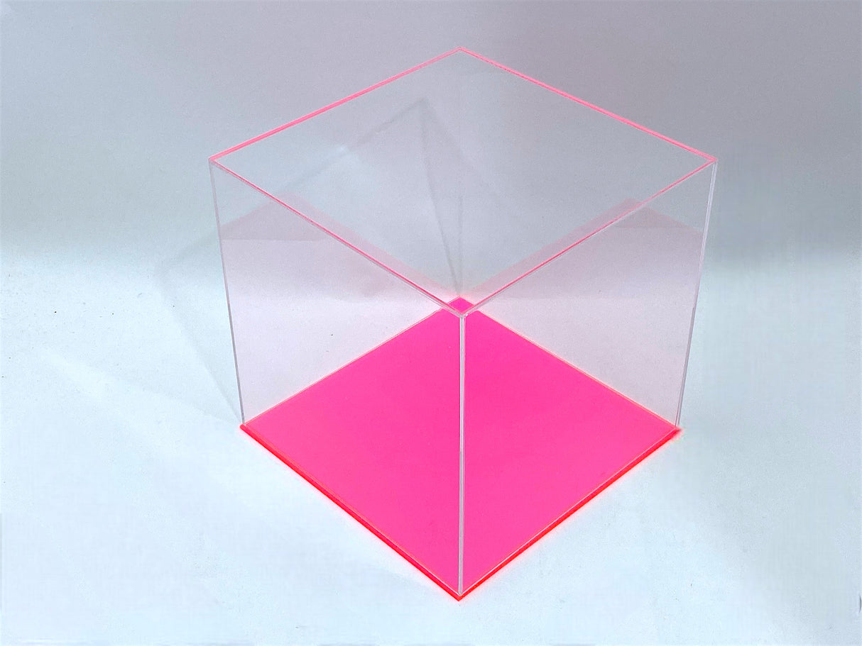 10" x 10" x 10" Clear Acrylic Display Case W/ Fluorescent Pink Acrylic Base