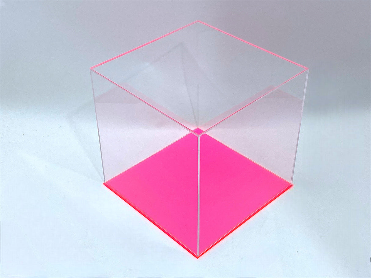 16" x 16" x 16" Clear Acrylic Display Case W/ Fluorescent Pink Acrylic Base