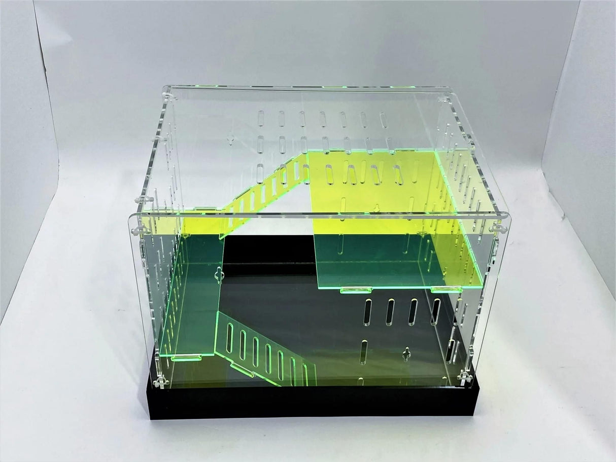 Large Clear and Fluorescent Green Acrylic Hamster Cage W/ Marbeled Black Acrylic Removable Base Tray