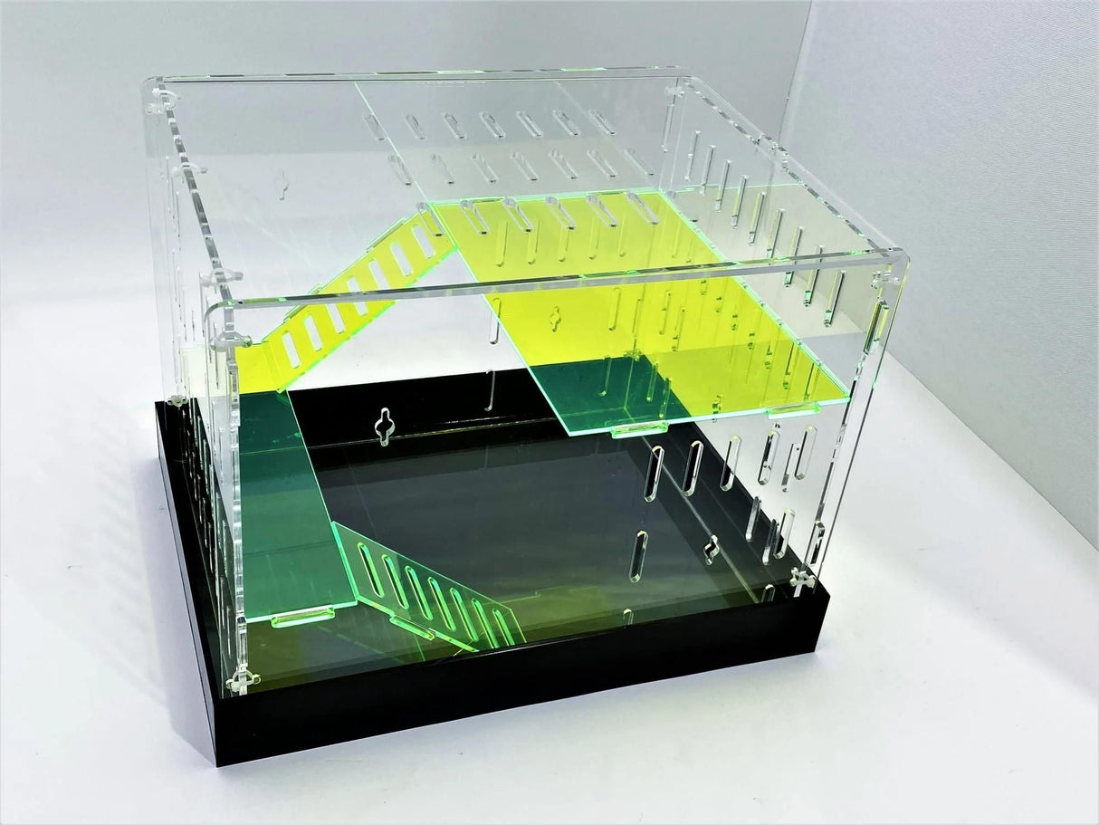 Large Clear and Fluorescent Green Acrylic Hamster Cage W/ Marbeled Black Acrylic Removable Base Tray