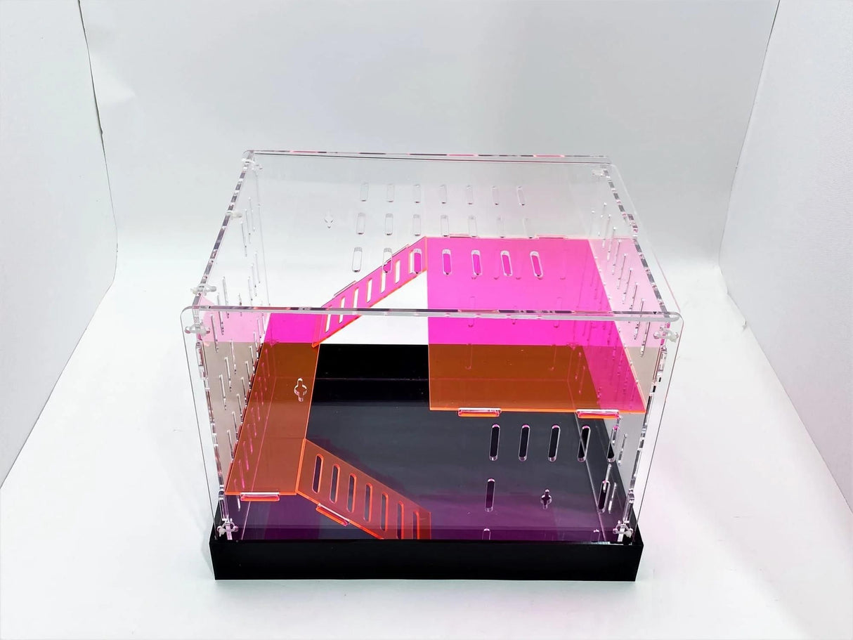 Extra Large Clear and Fluorescent Pink Acrylic Hamster Cage W/ Black Removable Base Tray