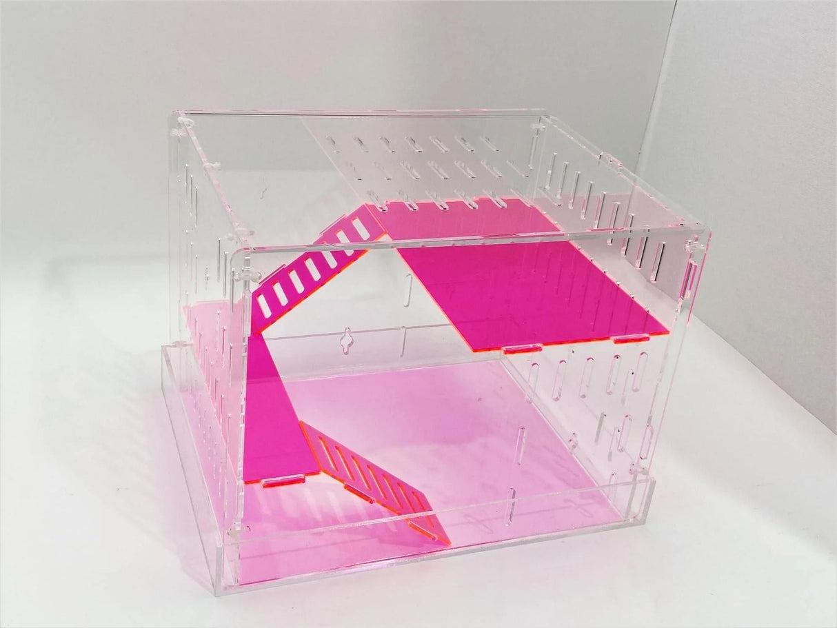 Large Clear and Fluorescent Pink Acrylic Hamster Cage W/ Clear Acrylic Removable Base Tray