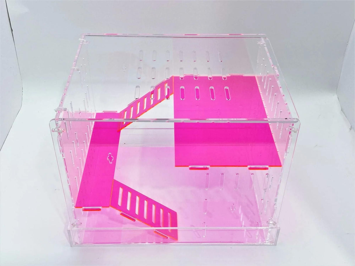 Large Clear and Fluorescent Pink Acrylic Hamster Cage W/ Clear Acrylic Removable Base Tray