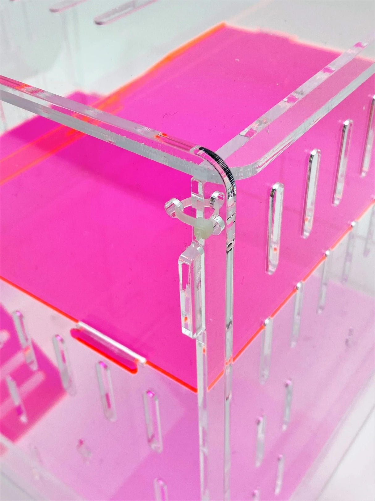 Large Clear and Fluorescent Pink Acrylic Hamster Cage W/ Clear Acrylic Removable Base Tray