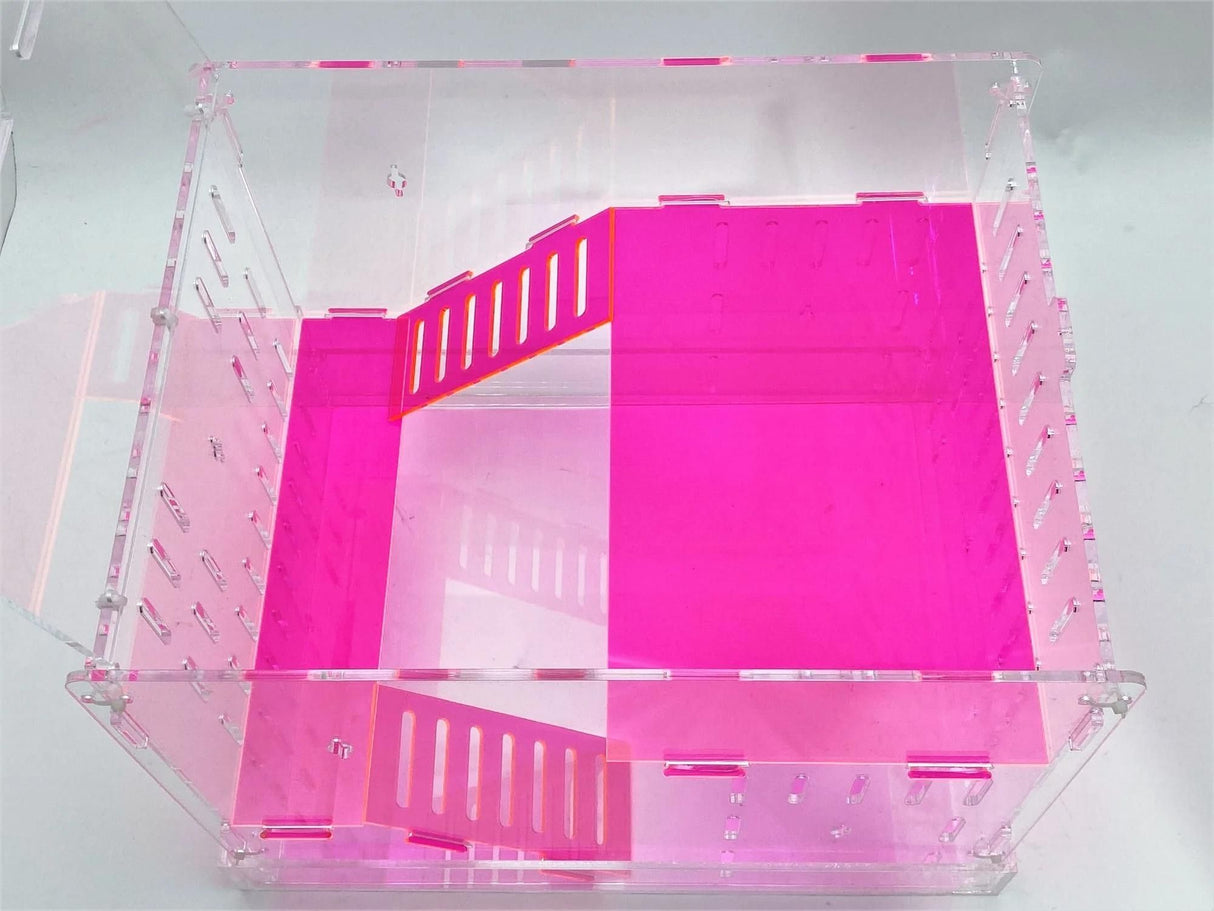 Large Clear and Fluorescent Pink Acrylic Hamster Cage W/ Clear Acrylic Removable Base Tray